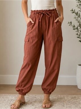 Sim & Sam XL Rust Brown Cotton Cargo Jogger Pants Paperbag Waist